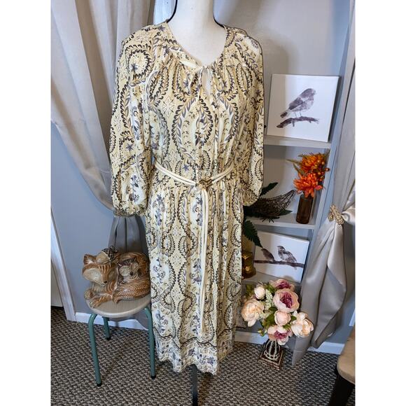 Harlow & Rose L  Boho Style Midi Dress Cream Paisley Floral Print Belt Dress - Picture 2 of 12